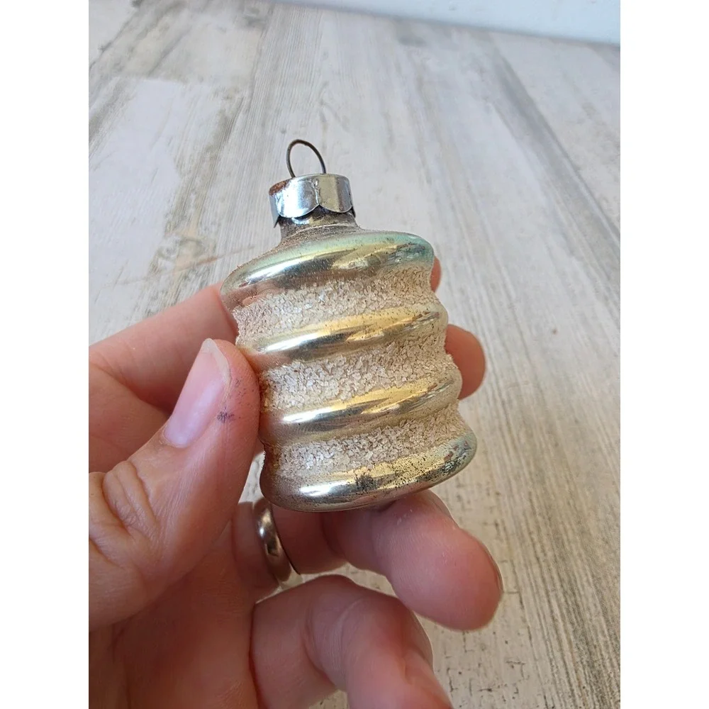 Vintage shiny Brite barrel Mica green mercury glass ornament made in USA Xmas